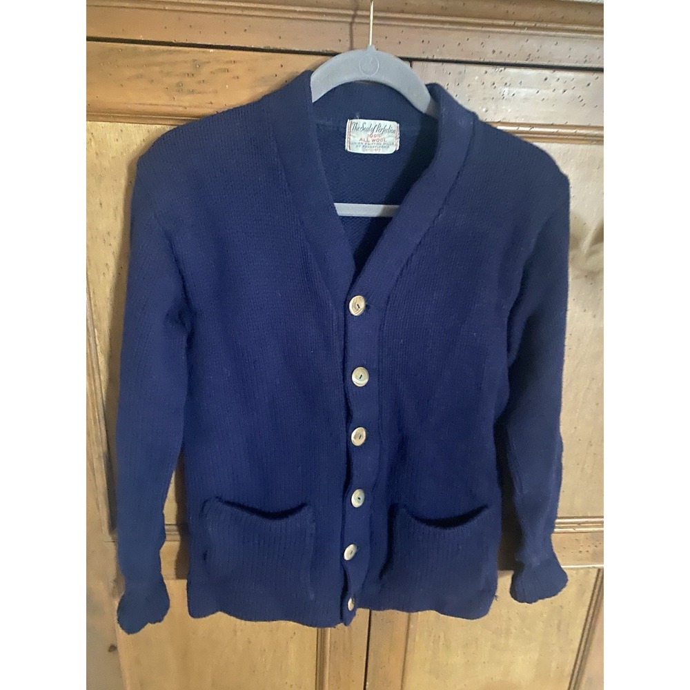 Vintage 60s Wool Cardigan Sweater Women's Medium Union Knitting Mills USA Navy